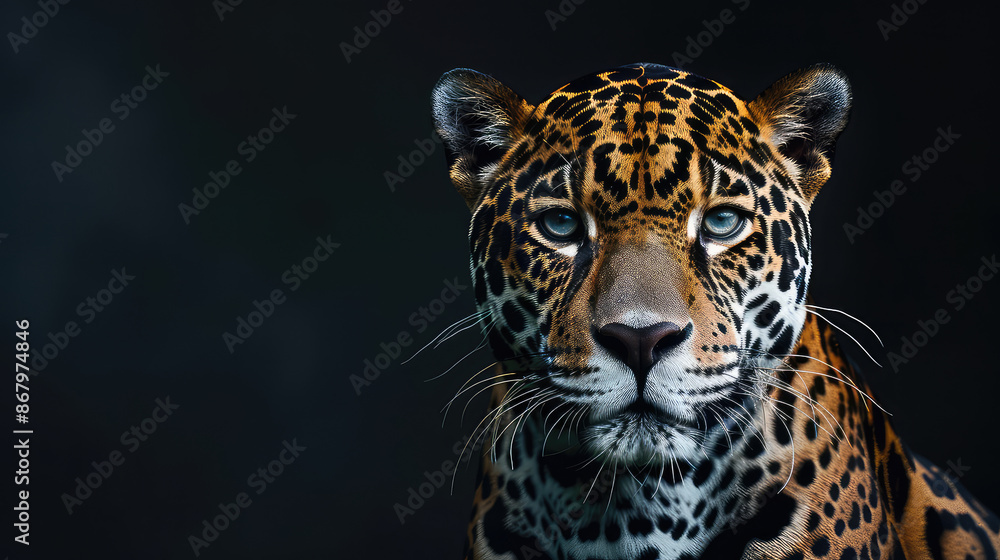 Obraz premium Against a striking black background, a magnificent jaguar exudes elegance and mystery, its sleek form and piercing eyes capturing the essence of this enigmatic big cat.