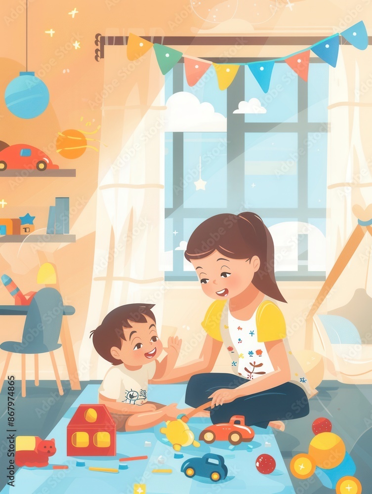 A mother and child play together on the kitchen floor surrounded by colorful toys. Generative AI A mother and child play together on the kitchen floor surrounded by colorful toys. Generative AI