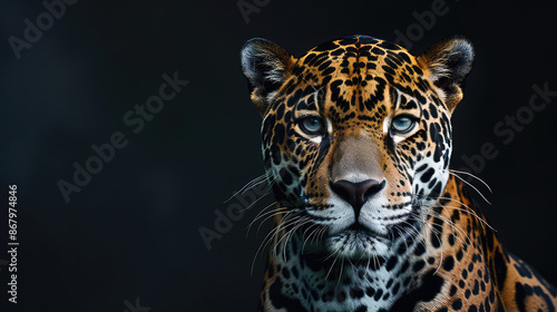 Against a striking black background, a magnificent jaguar exudes elegance and mystery, its sleek form and piercing eyes capturing the essence of this enigmatic big cat. © Muqeet 