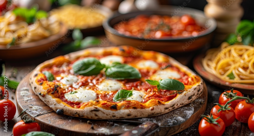 Delicious Italian Pizza With Mozzarella and Basil on a Rustic Wooden Table Delicious Italian Pizza With Mozzarella and Basil on a Rustic Wooden Table