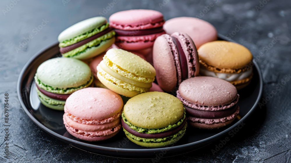 a variety of macarons in different pastel shades like pink, green, and yellow, placed neatly on a dark plate a variety of macarons in different pastel shades like pink, green, and yellow, placed neatly on a dark plate