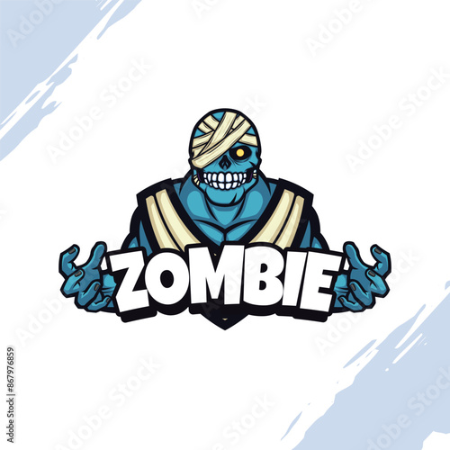 Blue Zombie Wrapped in Bandages Mascot Logo