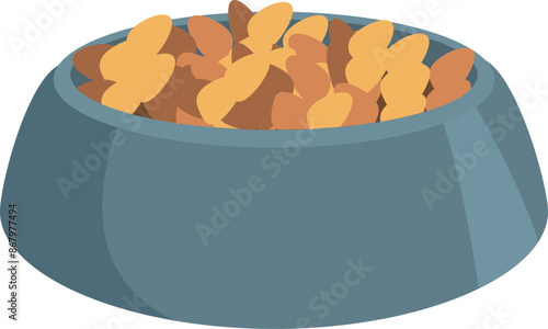 Blue bowl is standing full of dry pet food, ready for a hungry dog or cat