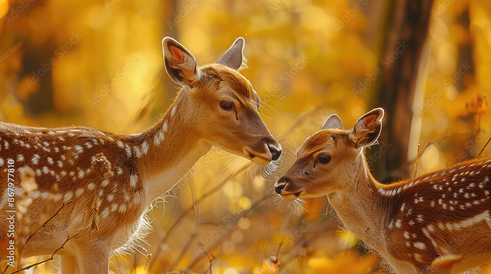 Amidst the enchanting autumn colors, a doe and fawn fallow deer share a tender moment, embodying the delicate beauty and familial warmth of the wildlife scenery. Amidst the enchanting autumn colors, a doe and fawn fallow deer share a tender moment, embodying the delicate beauty and familial warmth of the wildlife scenery.