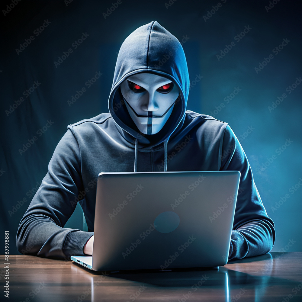 Hacker wearing an animus mask and looking at a computer Hacker wearing an animus mask and looking at a computer