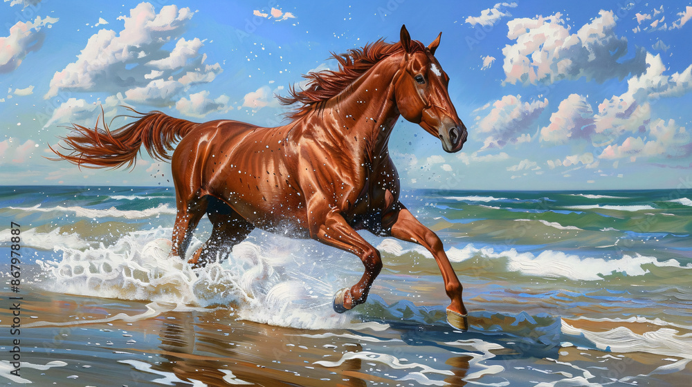 Majestic brown horse galloping along the sandy beach in beautiful painting Majestic brown horse galloping along the sandy beach in beautiful painting