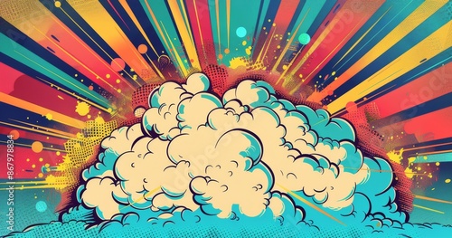 Colorful Comic Book Style Explosion With Blue And White Clouds