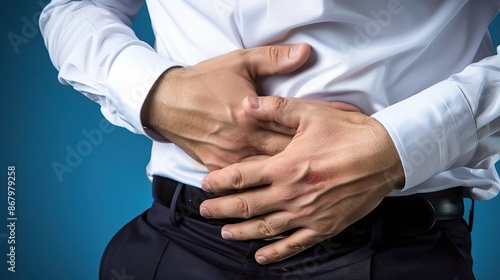 Man Experiencing Stomach Pain, Red Circular Area on Belly, White Shirt, Dark Pants, Blue Background, Close-Up of Hands on Abdomen, High Resolution
