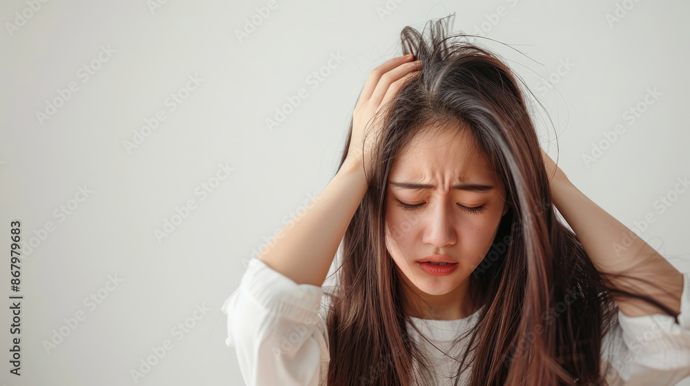 Young woman with long hair pulling her head in pain, feeling stressed and depressed Young woman with long hair pulling her head in pain, feeling stressed and depressed