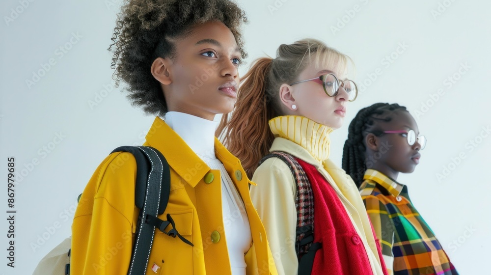 Group of stylish young women in vibrant outfits posing against a white wall, showcasing the latest fashion trends and beauty aesthetics Group of stylish young women in vibrant outfits posing against a white wall, showcasing the latest fashion trends and beauty aesthetics