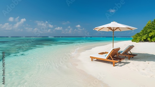 Fototapeta Naklejka Na Ścianę i Meble -  white beach and blue sea with umbrella and chairs
