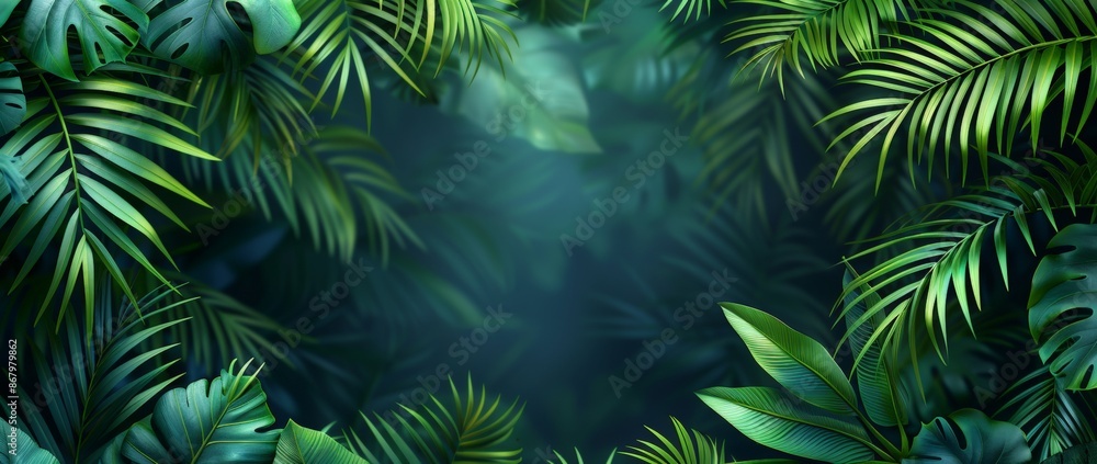 Fresh exotic jungle background with palm fronds and monstera Fresh exotic jungle background with palm fronds and monstera