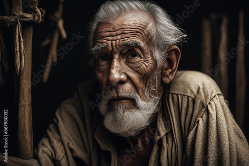 Image of an old man sweating, sitting in his hut, black background, very detailed. Facial expressions reflect wisdom and the test of time.