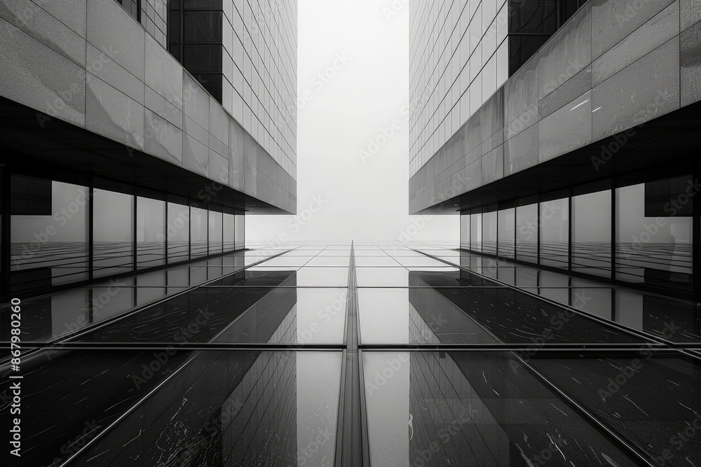 Black and white shot of a glass high-rise building with sharp geometric lines and blurry light Black and white shot of a glass high-rise building with sharp geometric lines and blurry light