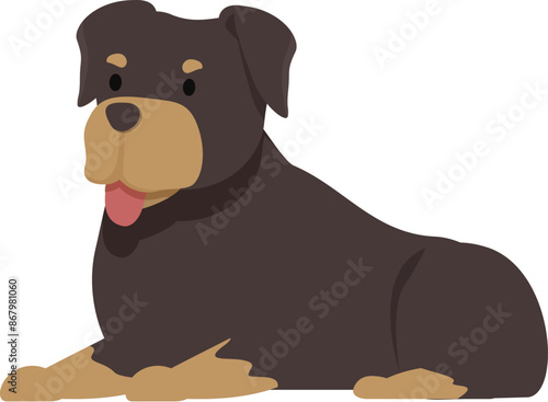 Rottweiler dog is lying down, sticking its tongue out, looking happy
