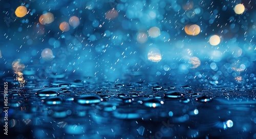 Close Up Of Water Droplets On A Blue Surface With Bokeh Lights