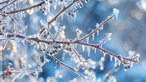 Close up view of frozen branches on a winter Mulberry bush