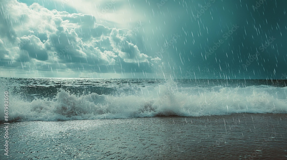 Obraz premium Gentle rain accompanied by rhythmic thunder on a beach beside the sea.