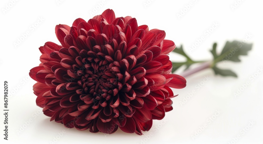 Single Deep Red Chrysanthemum Blossom With Green Leaf on White Background Single Deep Red Chrysanthemum Blossom With Green Leaf on White Background