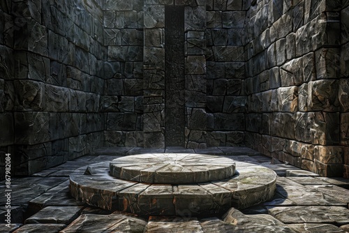 Empty stone podium in a dark, ancient dungeon or castle. Perfect backdrop for fantasy, medieval, or historical-themed designs.