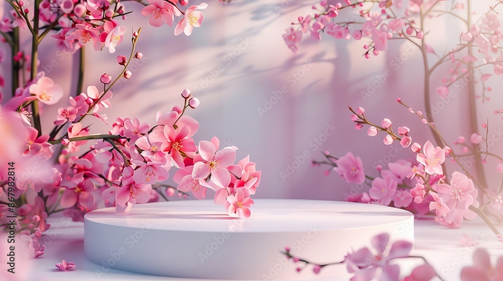 Pink podium for product display with spring flower Pink podium for product display with spring flower