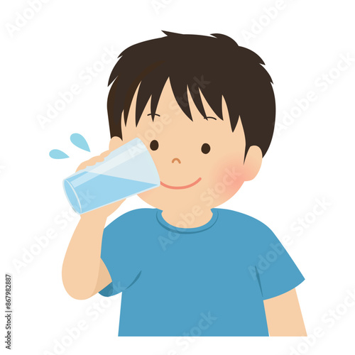 水分補給をする男の子のベクターイラスト_コップ