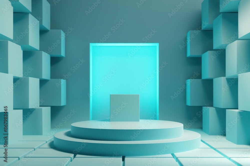Minimalist 3D rendering of a blue pedestal or podium for product display with neon lighting. Concept of product showcase, presentation, and futuristic design Minimalist 3D rendering of a blue pedestal or podium for product display with neon lighting. Concept of product showcase, presentation, and futuristic design