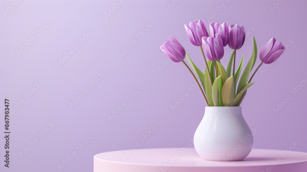 Purple Tulips in a White Vase on a Pink Table Purple Tulips in a White Vase on a Pink Table