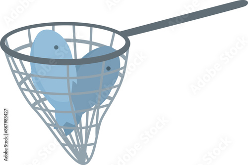 Fishing net catching two fish icon in cartoon style isolated on white background