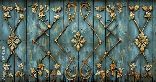 Ornate Gold Floral Design on Weathered Teal Wooden Door