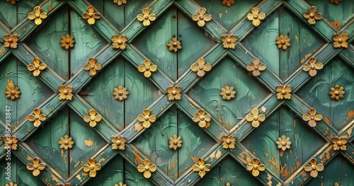 Ornate Gold Floral Design on Weathered Teal Wooden Door