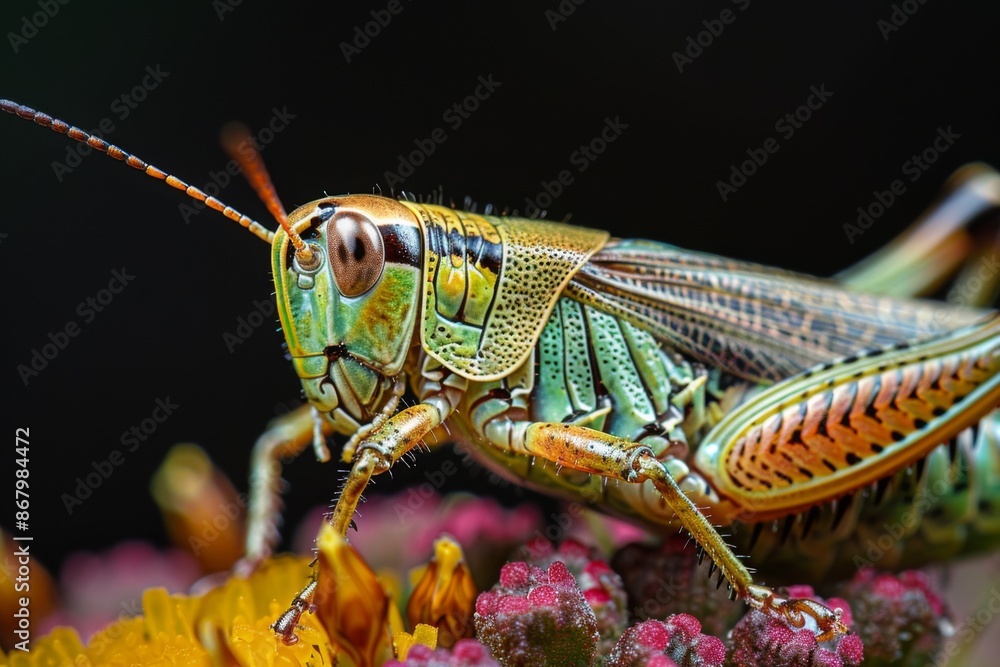 Fototapeta premium Close-Up of a Vibrant Green and Orange Grasshopper