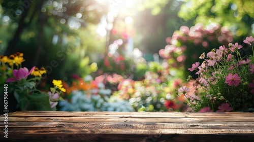 Gardening setting with wooden table and flowers on blurry backdrop © 2rogan