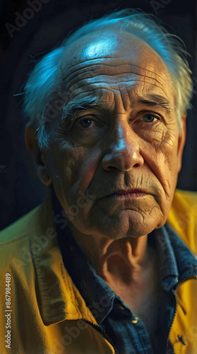 Close Up Distinguished Elderly Man Yellow Jacket Concerned Look