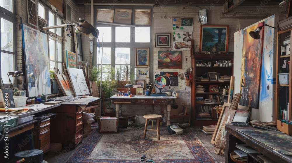 Eclectic artist's studio in a home with canvases, paints, and inspirational clutter Eclectic artist's studio in a home with canvases, paints, and inspirational clutter