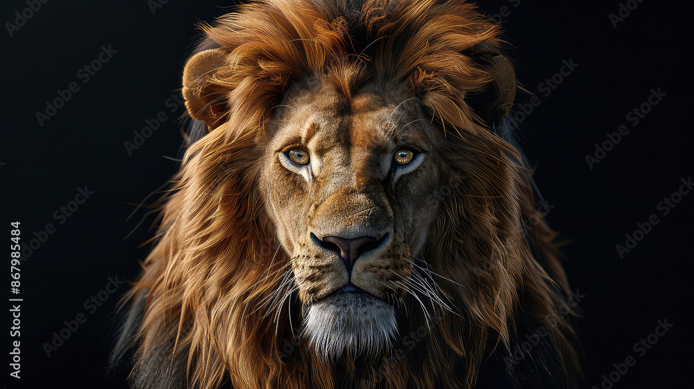 In a powerful close-up, an African lion commands attention against a black backdrop, emphasizing its regal demeanor and showcasing the wild beauty of this majestic creature. In a powerful close-up, an African lion commands attention against a black backdrop, emphasizing its regal demeanor and showcasing the wild beauty of this majestic creature.