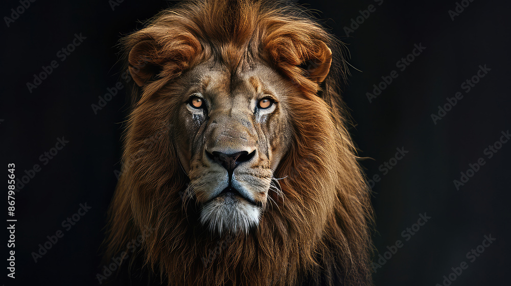 In a powerful close-up, an African lion commands attention against a black backdrop, emphasizing its regal demeanor and showcasing the wild beauty of this majestic creature. In a powerful close-up, an African lion commands attention against a black backdrop, emphasizing its regal demeanor and showcasing the wild beauty of this majestic creature.