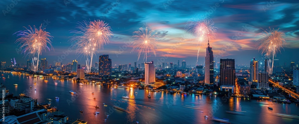 Fototapeta premium Big Fireworks Over Bangkok City