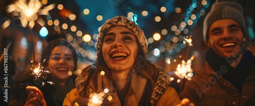 Below View Of Happy Colleagues Using Sparklers While Celebrating New Year