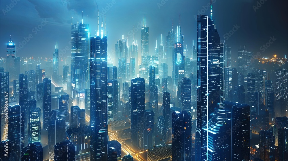 An aerial view of a modern city at night, showcasing towering skyscrapers illuminated with bright lights, creating a futuristic and vibrant ambiance. Generative AI An aerial view of a modern city at night, showcasing towering skyscrapers illuminated with bright lights, creating a futuristic and vibrant ambiance. Generative AI
