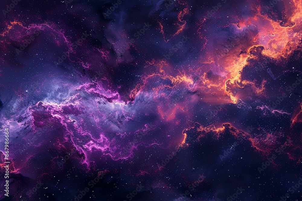 Fototapeta premium A cosmic landscape with purple and orange nebulae glowing in the dark space. Generative AI