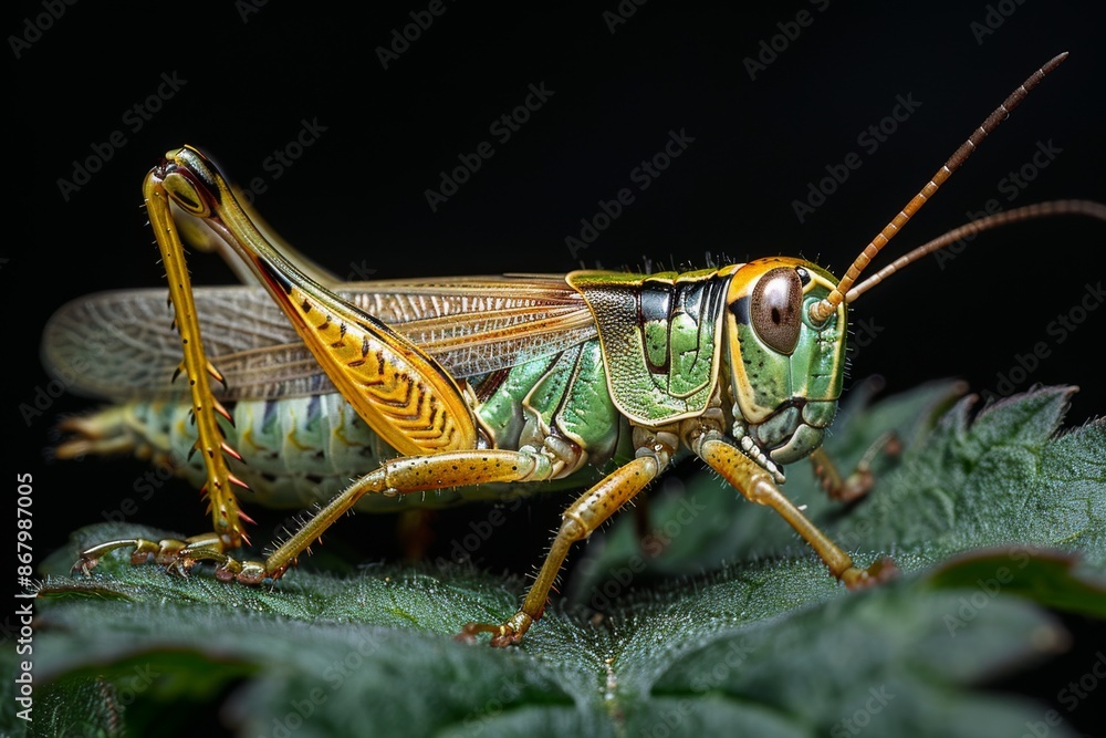 Close-Up of a Vibrant Green and Yellow Grasshopper Close-Up of a Vibrant Green and Yellow Grasshopper