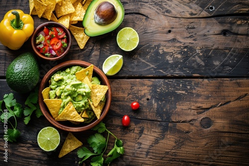 Delicious bowl of traditional Mexican Guacamole, nachos and guacamole ingredients: Avocado, onion, cilantro, hot pepper tomatoes and lime.Top view, flat lay. Fresh, raw, vegetarian dish, copy space 