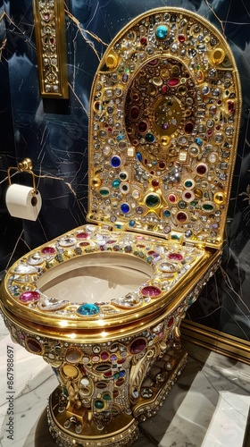 Luxurious jewelencrusted gold toilet seat and bowl in lavish bathroom with exquisite decor photo