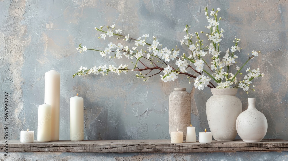 Neutral vases holding white flowers with candles on weathered shelf against grey wall Home decoration Neutral vases holding white flowers with candles on weathered shelf against grey wall Home decoration