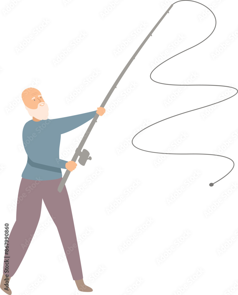 Senior man casting fishing rod enjoying a relaxing retirement hobby Senior man casting fishing rod enjoying a relaxing retirement hobby
