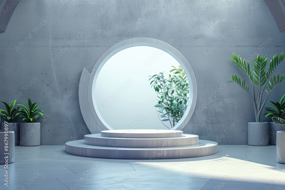 Minimalistic 3D rendering of empty round podium or pedestal with plants against white circle window. Empty space for product display. Concept of mockup, showcase, stage, and presentation. Minimalistic 3D rendering of empty round podium or pedestal with plants against white circle window. Empty space for product display. Concept of mockup, showcase, stage, and presentation.