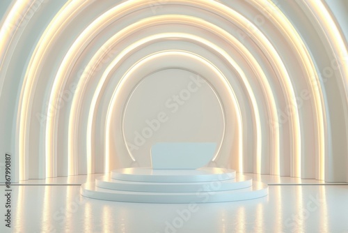 Minimalistic white podium stage with glowing neon arch lights  perfect for product presentation backdrop or awards ceremony platform. Concept of luxury  elegance  achievement  and celebration.