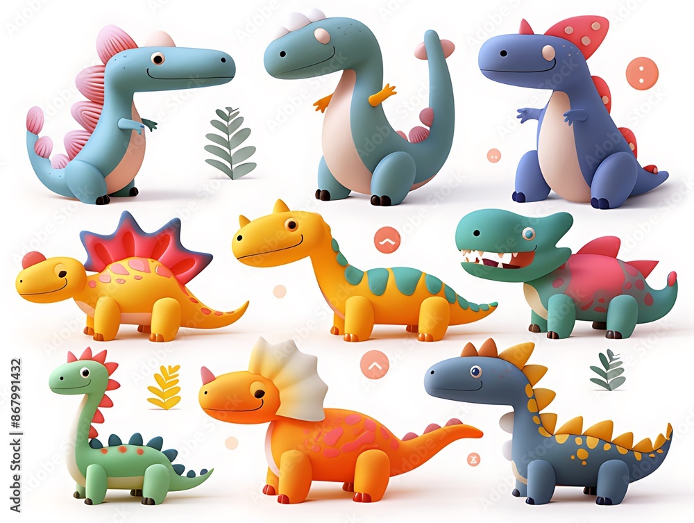 Naklejka premium 3D set dinosaur character with white isolated background