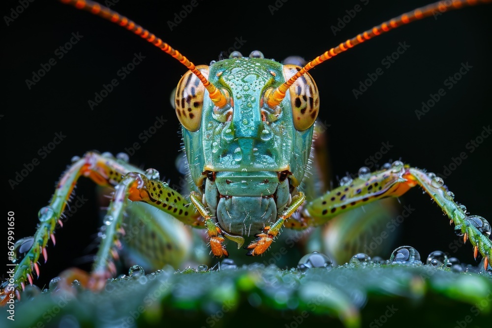 Close-up of a Dew-Covered Green Grasshopper Close-up of a Dew-Covered Green Grasshopper
